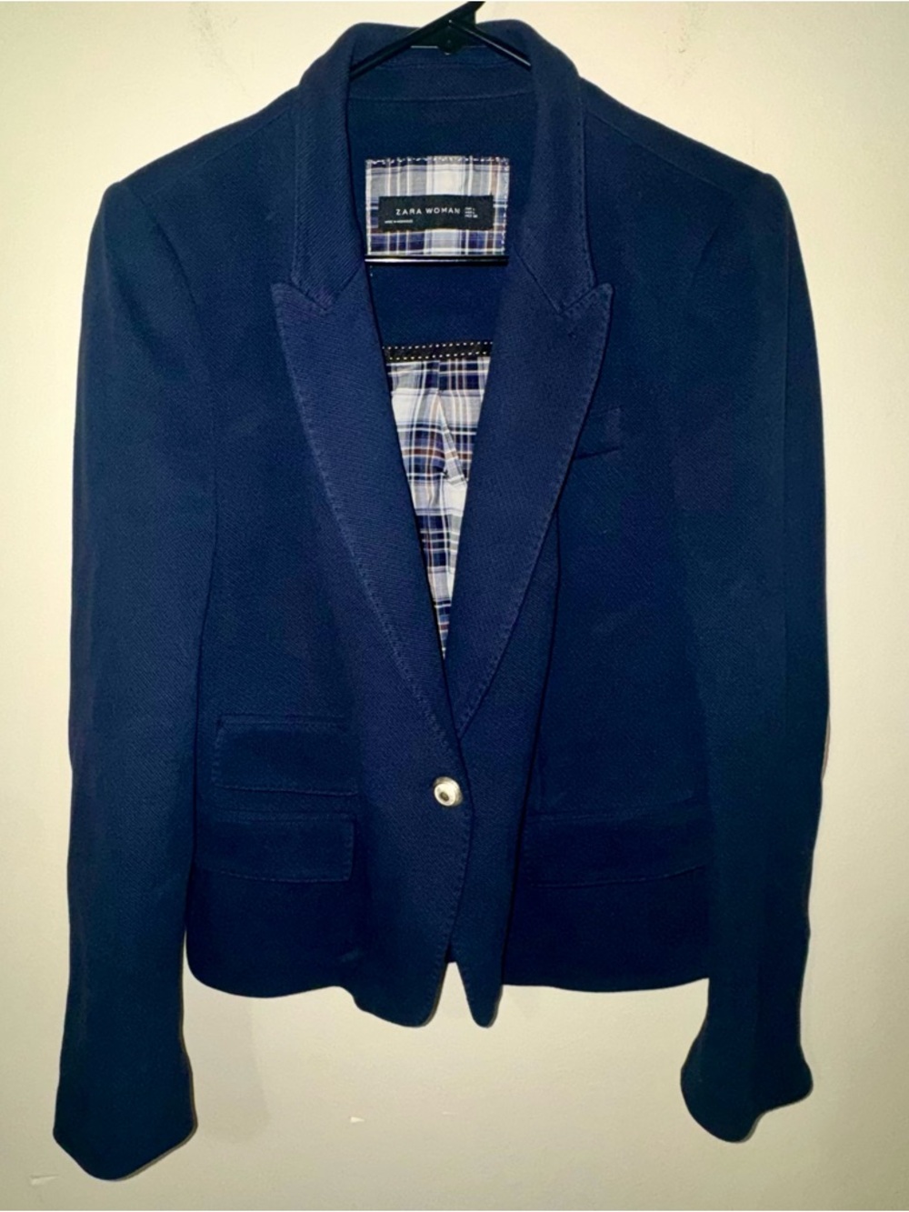 Zara Navy Single-Button Tailored Blazer with Plaid Lining and Elbow Pads